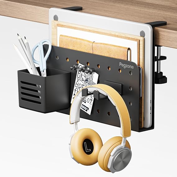 PEGZONE Desk Side Storage Organizer No Drill Under Desk Laptop Holder Bundle with Clamp on Desk Pegboard Storage for Controller Headset