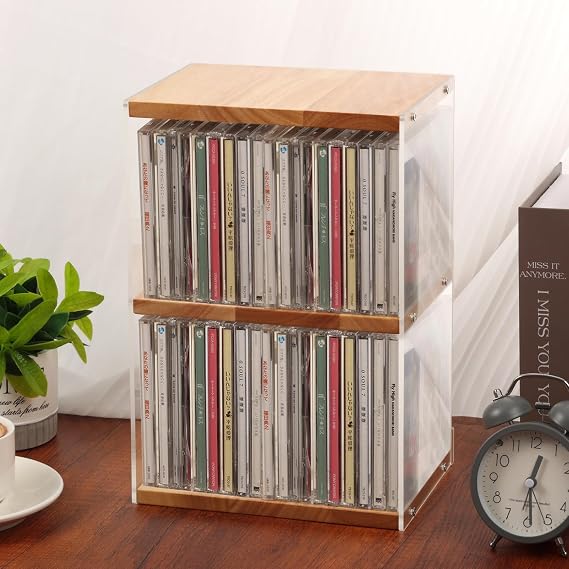 Rainmae CD Holder Desk Rack Organizer, Wooden CD Holder Stand, CD Storage Rack, Game Disc Display CD Organizer Desk Stand Protection Storage Cube, Fit for Theatre Room Collectibles Holds 40 CD Case