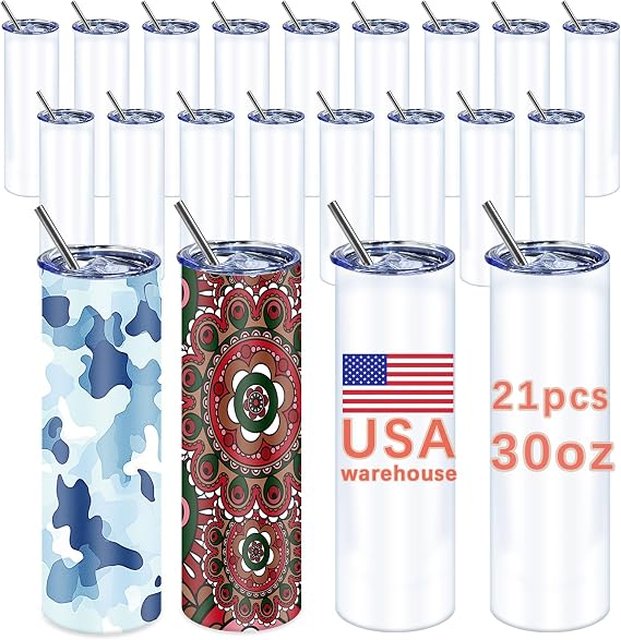 ORJ 21 Pack 30oz Sublimation Skinny Straight Tumbler,Blanks Products for Sublimation,White tumblers with lid and Straw (21 PCS Sublimation Tumbler 30oz)