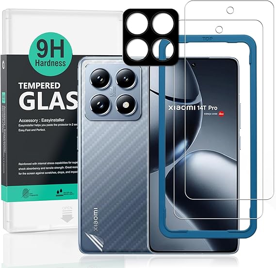 Ibywind Screen Protector For Xiaomi 14T Pro 5G 6.67"(2 Pack),9H Hardness Tempered Glass,With 1Pc Camera Lens Protector,1Pc Back Carbon Fiber Film,Easy to Install