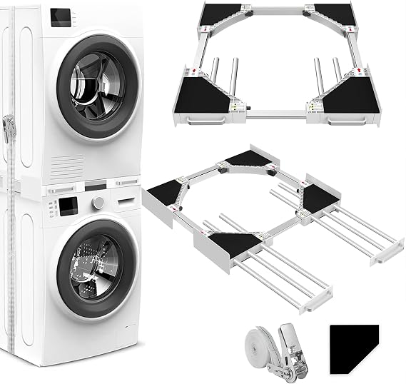 NIUXX Universal Stacking Kit for Washing Machine and Dryer - Adjustable Stacking Shelf Kit for 56-69 cm Washer Dryer - Intermediate Frame with Ratchet Ropes and Drying Rack - Space-Saving
