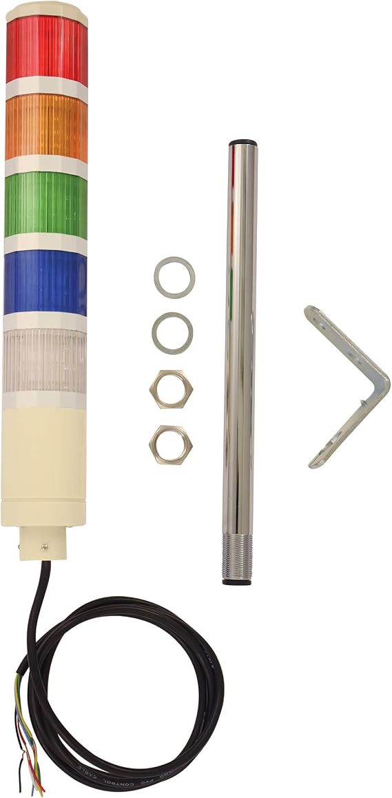 5 Stack LED Tower Light, Steady On, Red/Amber/Green/Blue/Clear, 12 inch Threaded Pole, Right Angle Bracket, 5 Foot Bare Wire Leads 24V AC/DC (NO Power Cord OR Controls Included)