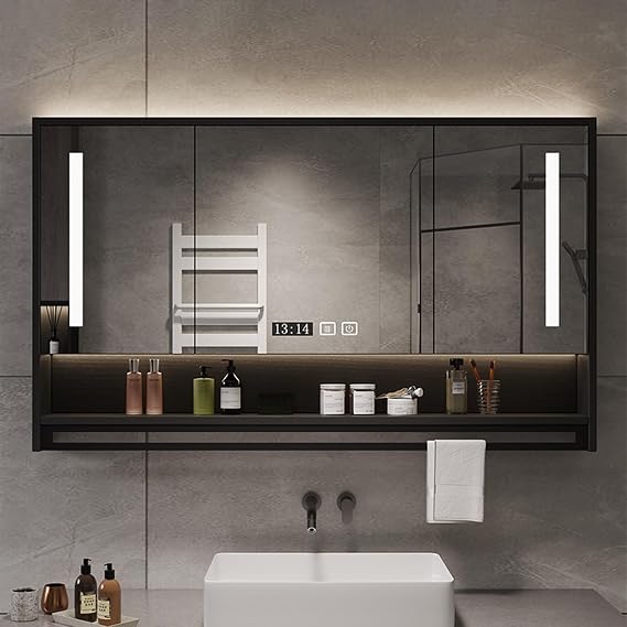 LED Bathroom Mirror Cabinet - 3 Doors Wall Mounted with Adjustable Shelves & Towel Rack – Touch Sensor Lighted for Stylish Storage