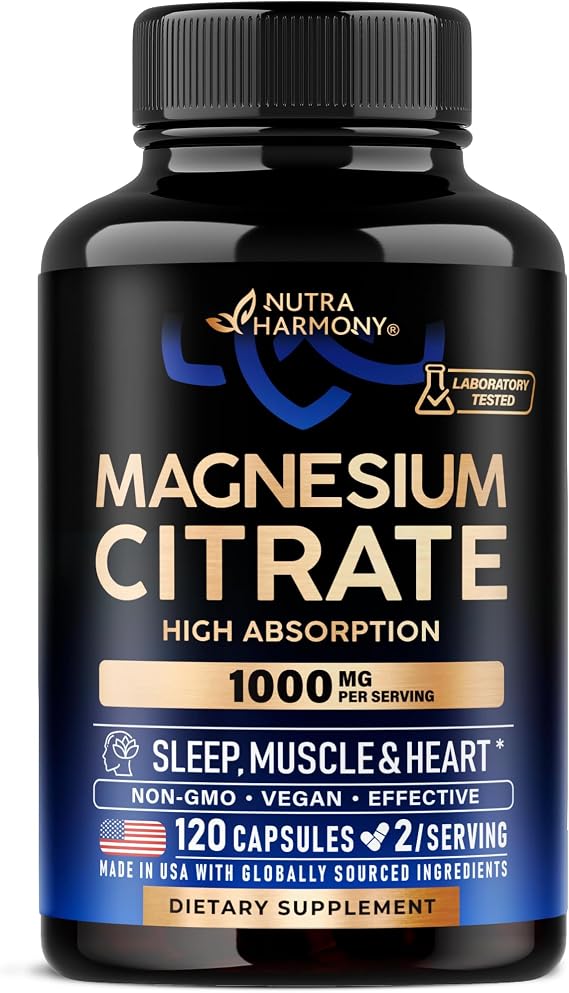 Magnesium Citrate Capsules 1000mg | High Absorption Supplement - Sleep, Muscle & Heart Support - Vegan | Non-GMO - for Women & Men - As Powder | Pills | Tablets - 120 Capsules, 2 Month Supply