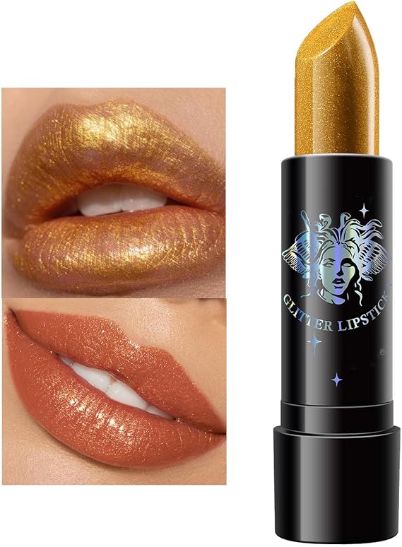 Metallic Golden Lipstick, Gold Shimmer Mermaid Lip Makeup, Glitter Lipstick for Women Long-Lasting Creamy Hydrating & Smooth, Gift for Women Halloween