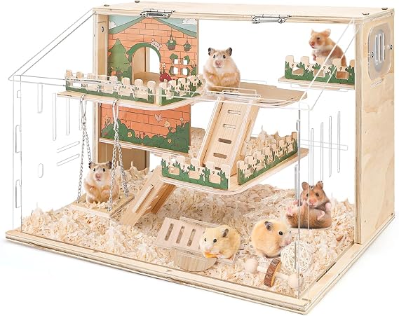 Wooden Hamster Cage Large, 16-Inch 3-Layer Acrylic Hamster Cage, Small Animal Cages with Platform and Playpen for Direct Observation, Pet Supplies