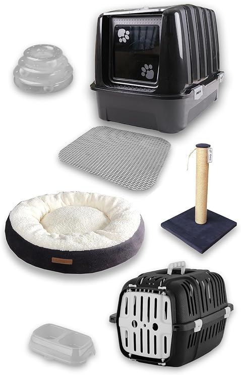 Premium kedi başlangıç seti - Lüks kapalı kedi tuvaleti, taşıma sepeti, yatak, tırmalama, 3 katlı oyuncak, paspas, mama kabı, kürek - LKT2