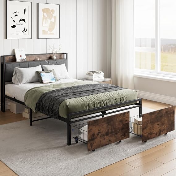 Full Size Storage Bed Frame with Charging Station Headboard, Vintage Brown and Gray, Solid Wood Construction, No Box Spring Required (Full Size + Brown + 2 Drawers)