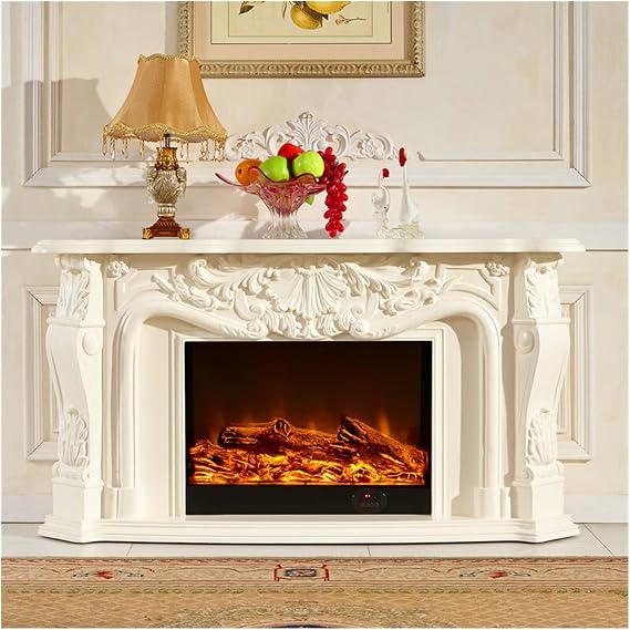 Wood Fireplace Living Room Decorating Warming Fireplace Mantel Electric Insert Firebox LED Optical Artificial Flame (Color : White with Heater)