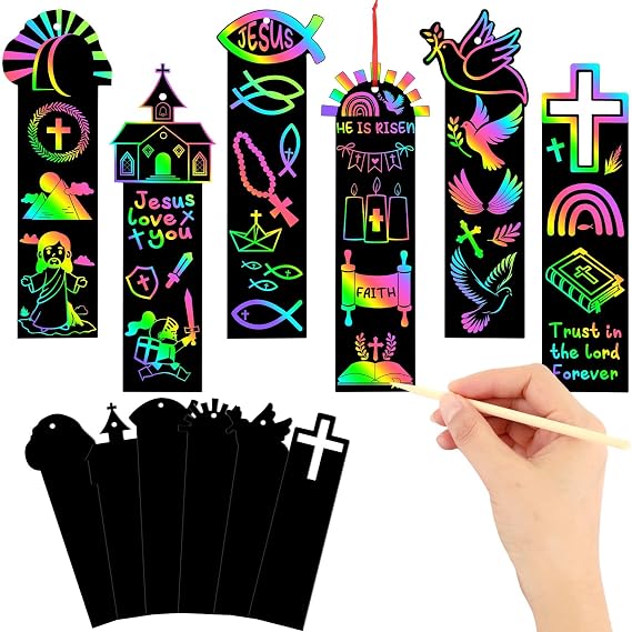 JUNEBRUSHS 30Pcs Religious Crafts for Kids, Easter Rainbow Color Scratch Art Bookmarks Resurrection Cross Religious Gifts for Kids Sunday School Church Bible Crafts Kits