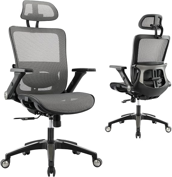 Ergonomic Mesh Office Chair, High Back Computer Executive Home Desk Chair with Headrest and 4D Flip-up Armrests, Adjustable Tilt Lock and Lumbar Support-Grey