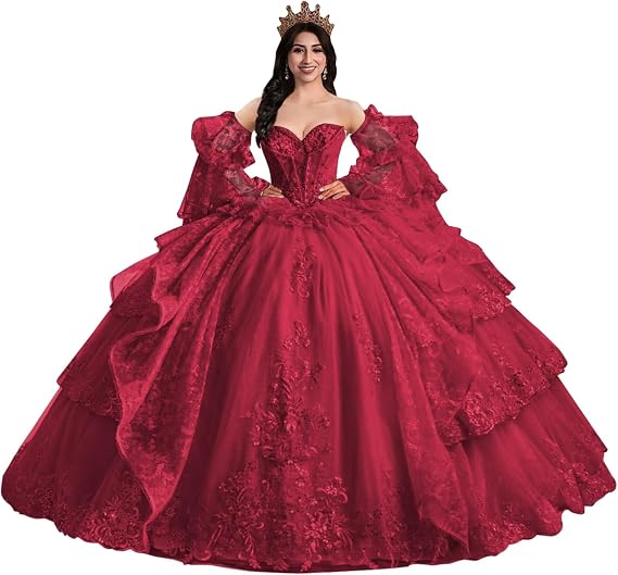 XYAYE Glitter Tulle Quinceanera Dresses with Sleeves Lace Layered Dress