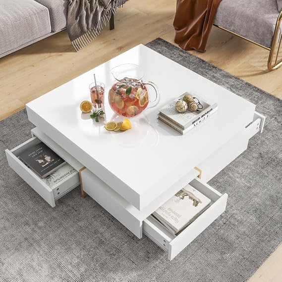 ON-Trend Modern High Gloss Coffee Table with 4 Drawers, Multi-Storage Square Cocktail Tea Table with Wood Grain Legs, Center Table for Living Room, 31.5''x31.5'', White (style1)