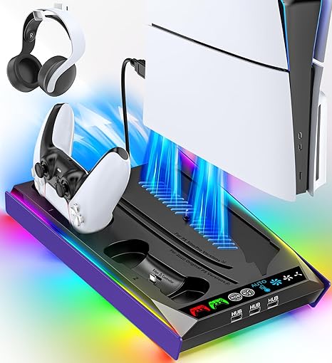 Rysker P-5/Slim/Pro Stand and Cooling Station with LED Controller Charging Station, P-5 Controller Charger, P-5/Slim/Pro Accessories Kit with 3 Level Cooling Fan for PlayStation 5 Case