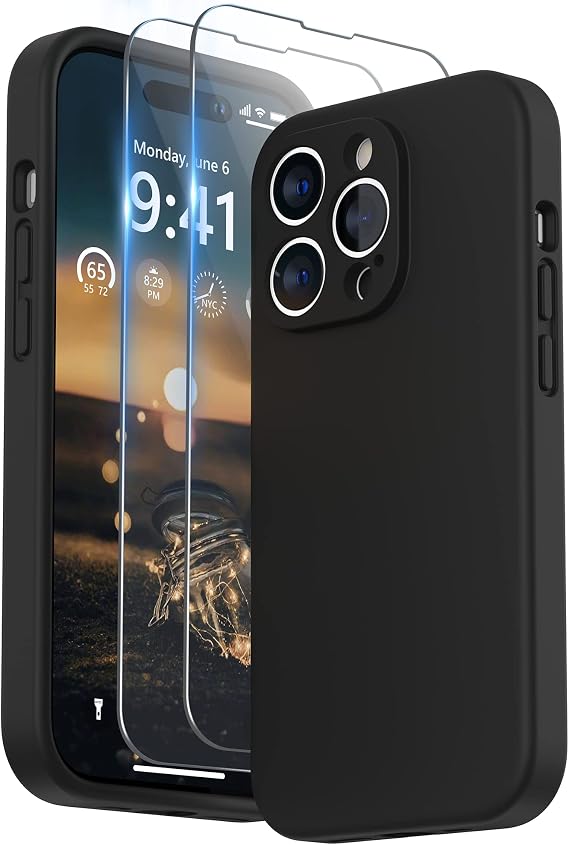 SURPHY Designed for iPhone 14 Pro Max Case with Screen Protector, (with Camera Protection & Soft Microfiber Lining) Liquid Silicone Phone Case, Black