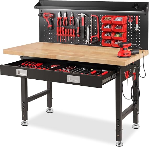 60" Workbench with Drawers, Work Benches for Garage with Strip Light, Adjustable Work Table with Large Pegboard, 2000 LBS Heavy Duty Table with Power Outlet Rubber Wood for Office Workshop
