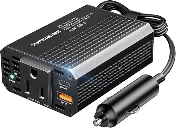 SUPERONE 150W Car Power Inverter DC 12V to 110V/120V AC Car to Outlet Adapter with PD 30W USB C & QC3.0 Fast Charge Car Power Adapter