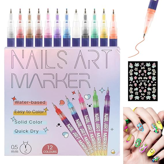 12 Colors Nail Art Pens Set, Quick Dry Nail Polish Markers for DIY