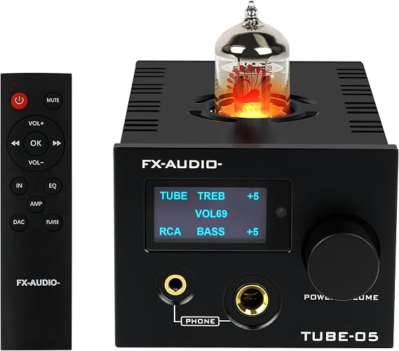 FX-Audio- TUBE-05 HiFi Vacuum 12AU7/ECC82 Tube Headphone amp Bass Treble EQ Preamp, for 30-600 Headphone, with Remote Control