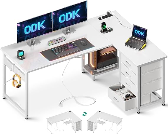ODK Corner Desk with Drawers, L Shaped Computer Desk, 135 x 100 cm, White