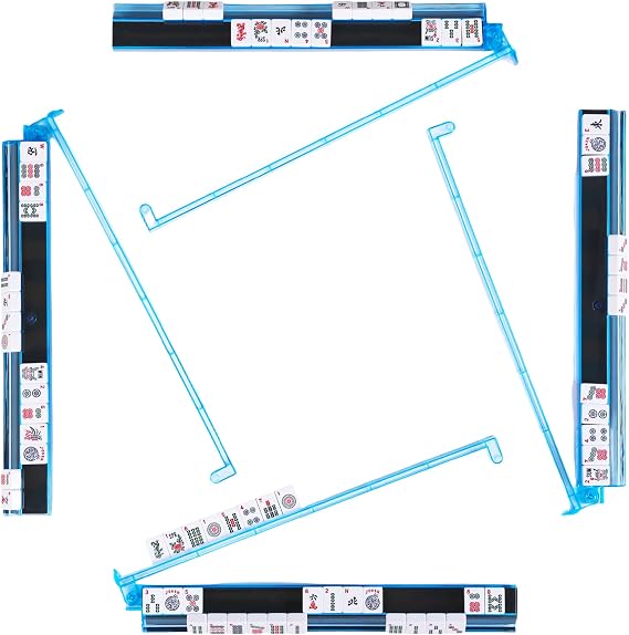 Mahjong Racks with Pushers, Anti-Slip Design Clear American Majiang Tile Racks - Convenient Rotating One-Piece Mahjong Rack and Multiplayer (Light Blue, 4-Piece Bundle)