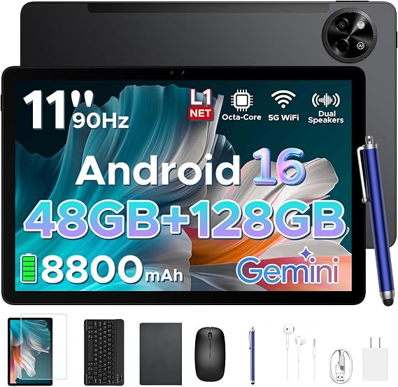 P11 Android 16 Tablet, 11 Inch Tablet with Gemini AI, 48GB RAM+128GB ROM/2 TF, 120Hz, T7250 Octa-Core, 8800mAh/18W, 13MP+5MP, Widevine L1, Face ID, GPS, FM, OTG, Tablet with Keyboard Pen