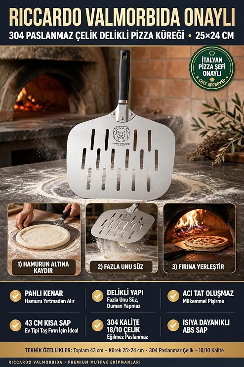 Transformacion Delikli Pizza Küreği 18/10 Çelik 25x24 cm Kısa Saplı Ev Tipi Taş Fırın Pizza Pateli 723461