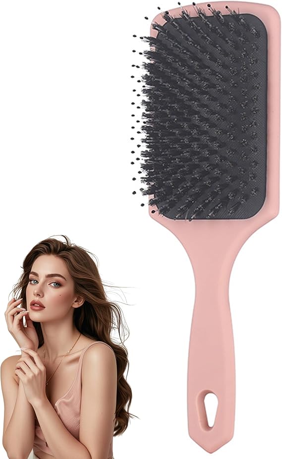 Boar Bristle Hair Brush, Square Paddle Detangler Brush – 100% Natural Bristles for Scalp Massage, Shine, Blow Drying, Gentle on Wet/Dry Hair, Reduces Frizz(Pink)