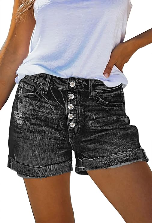 HUUSA Women's Ripped Denim Shorts High Waist Distressed Jean Shorts Casual Rolled Hem Frayed Short Jeans with Pockets