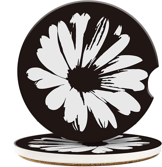 Car Cup Holder Coasters,Black White Daisy Car Coaster for Cup Holders Insert Ceramic Drink Mat Car Interior Decor Accessories 2Pcs 2.56 Inch