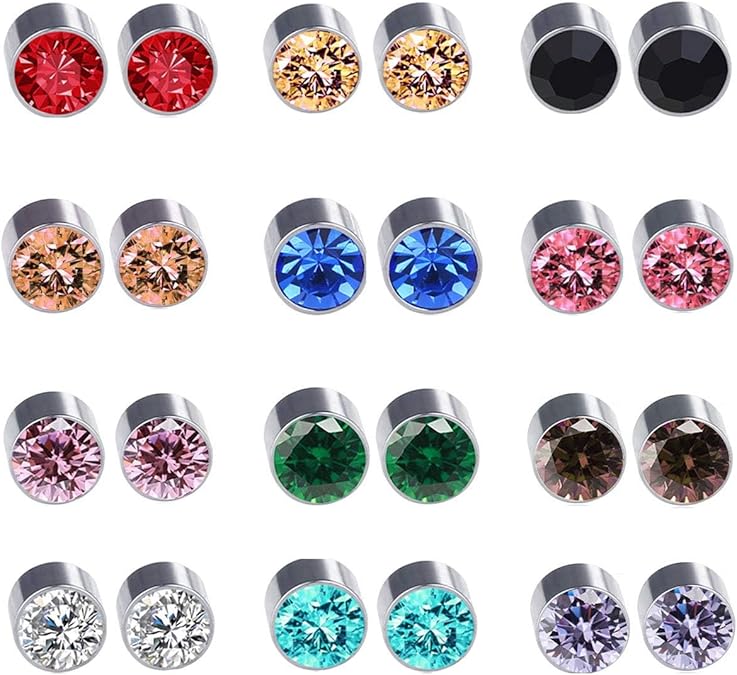 Spiritlele 12 Pairs Colors Round Rhinestone Magnetic Earrings Clip on Non Piercing Earrings Set for Women Girls 6MM