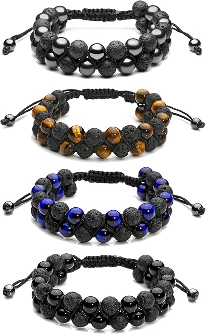 Jovivi 4pcs Hematite Beads Black Agate Lava Rock Stones Tiger Eye Bracelets for Men Double Layer Stress Relief Aromatherapy Essential Oil Diffuser Healing Lava Bracelet Adjustable