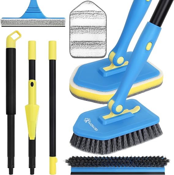 KOKSI 9-Piece Long Handle Cleaning Brush for Bathroom, Tiles, Bathtub, Toilet, Shower Extendable Scrubber with Bristles Microfiber and Sponge Heads | Deep Clean Household Cleaning Product
