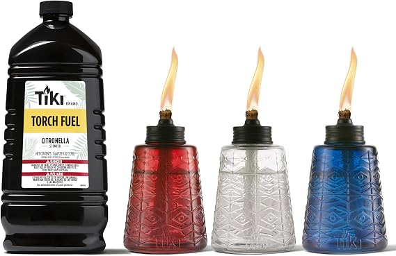 TIKI Brand Molded Glass, Decorative Table Top Torch & Brand Easy Pour Torch Fuel for Outdoors, Citronella Scented - 128 oz, 1216151