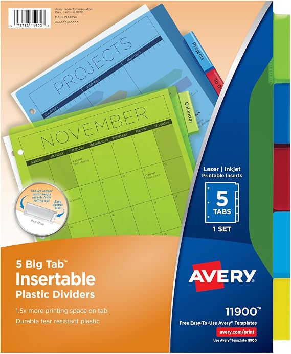 Avery Dividers for 3 Ring Binders, 5-Tab Plastic Binder Dividers, Insertable Big Tabs, Multicolor, 1 Set (11900)