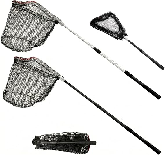 2 Pack Fishing Net with Telescopic Pole Handle, Fish Landing Net with Sturdy Collapsible Handle, Folding Nylon Mesh Landing Net for Saltwater and Freshwater, Extend to 51 in(Black, White)