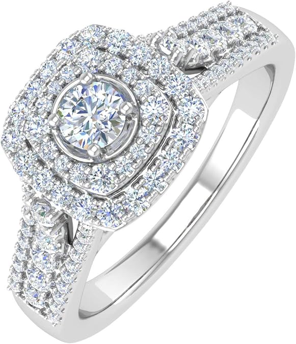 FINEROCK 1/2 Carat Cushion Shape Halo Diamond Engagement Ring in 10K Gold