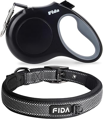 Fida Retractable Leash with Reflective Nylon Dog Collar for Small Breeds S, Black
