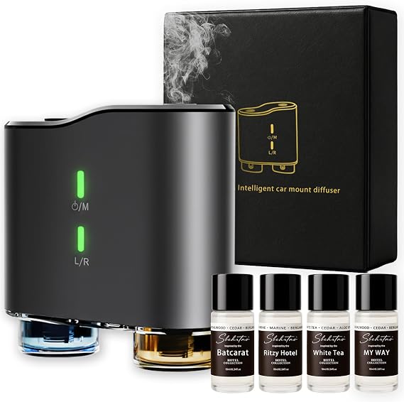 Waterless Car Diffuser Kit with 4 Fragrance Oils Luxury Hotel Inspired Aromatherapy Air Freshener for Car, Vehicle, Office & Small Spaces (Black, Hotel Fragrance)
