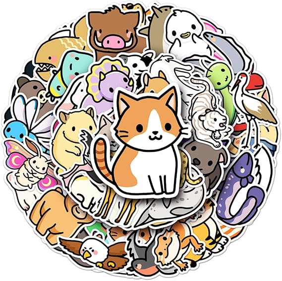 Cartoon Animals Vinyl Stickers, 50 PCS Waterproof Illustrated Animal Decals for Laptops, Scrapbooking, Journals, Notebooks, Water Bottles, Suitcases, Phones & DIY Decor