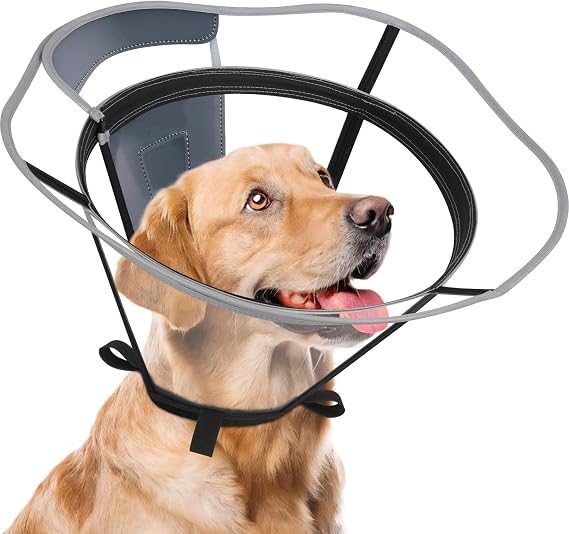 Extended Dog Cone to Stop Licking, Adjustable Depth, Transparent | Recovery Collar for Large Medium Dogs, Soft E-Collar After Surgery Neuter with Reflective Strip for Night Visibility M
