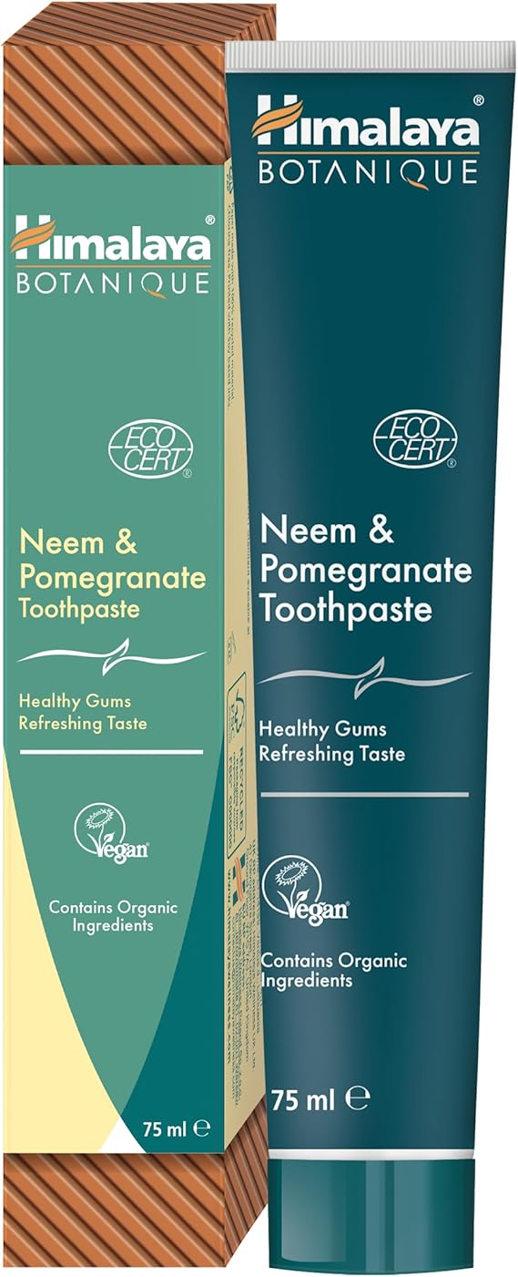 Ecocert Cosmos Natural Certified Himalaya Botanique Neem & Pomegranate Toothpaste with Organic Actives, Fights Plaque, Brightens Teeth, No Fluoride, SLS Free, Vegan, 75ml