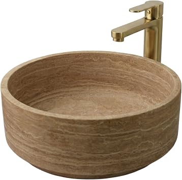 Natural Travertine Stone Round Bathroom Vessel Sink,16 inch Beige Marble Bathroom Sink, Vanity Bowl Basin