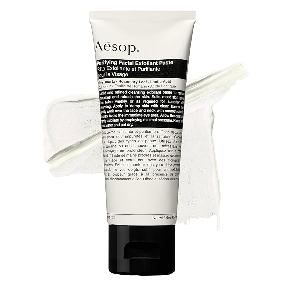 Aesop Purifying Facial Exfoliant Paste | Refresh, Cleanse, Soften Skin | Cream Based Cleanser Enhanced With Fine Quartz, Rosemary Leaf, Lactic Acid | 2.6oz / 75mL | Cream-based exfoliator with Lactic Acid and Rosemary Leaf to gently polish, purify, and soften dry or congested skin.