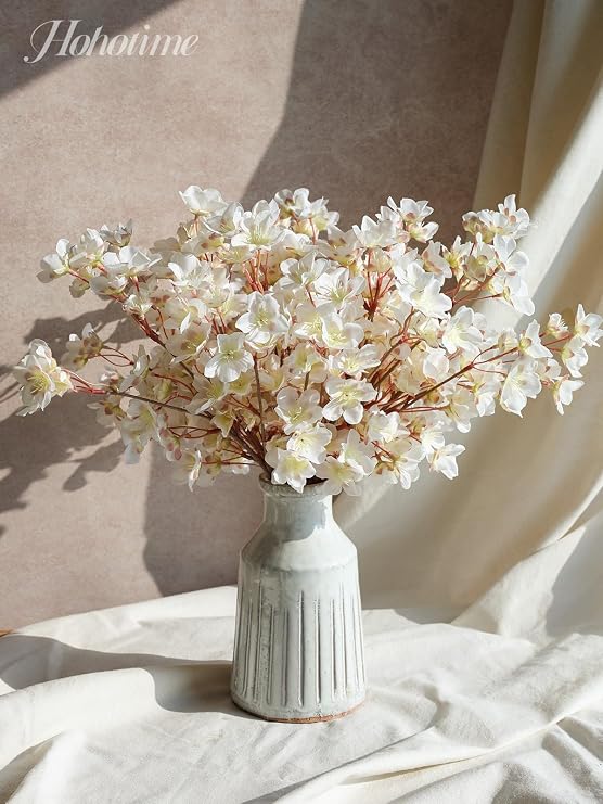 HOHOTIME Artificial Cherry Blossom Branches, 8Pcs 16" Silk Fake Flowers, Faux Sakura Peach Bouquet for Home Wedding Spring Party Decor, Japanese Garden Bedroom Table Centerpiece Decoration (White)