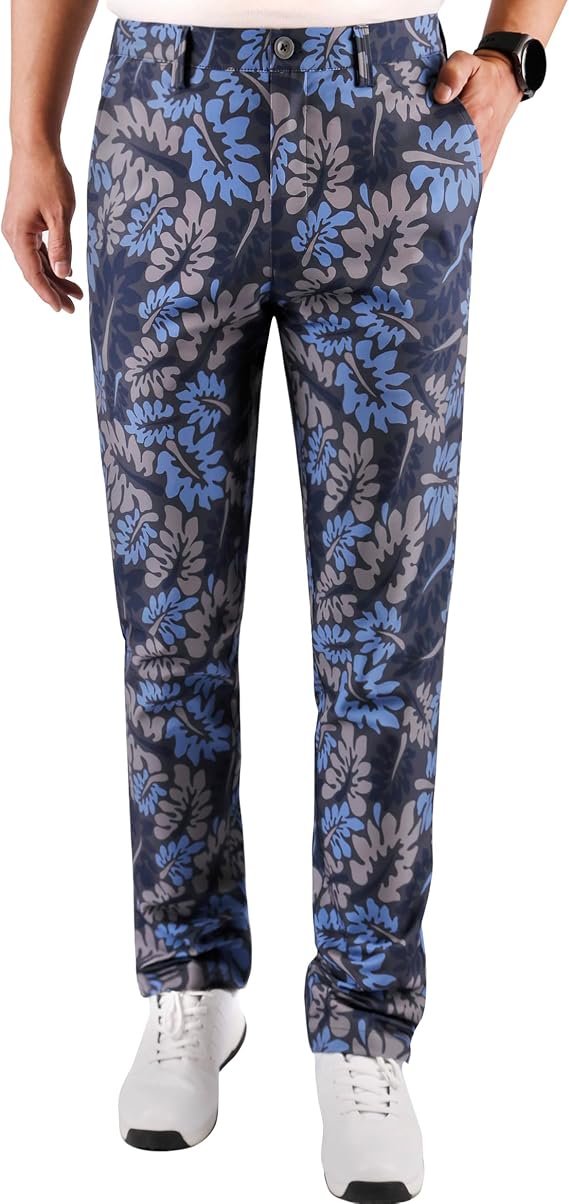 Men's Golf Pants Stretch Tech Performance Slim Fit Flat Front Golf Pant Blue Print 38W