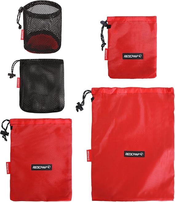 REDCAMP 5PCS Small Ditty Bags Set for Backpacking, Ultralight Nylon Mesh Drawstring Stuff Sack Assortment Storage Pouch Bags for Outdoor Camping Indoor Home, Black Red Green Grey Orange