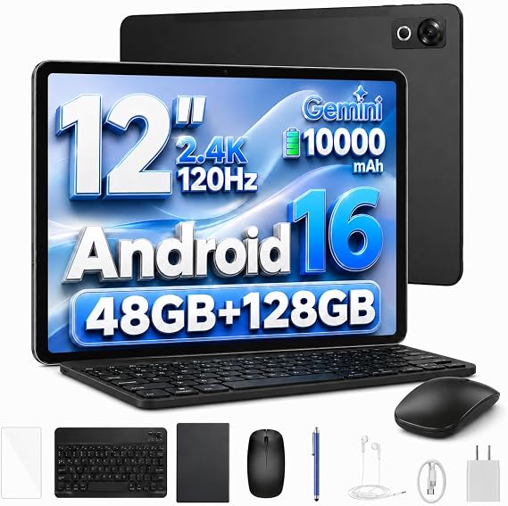 P12 tablets 12 inch android, android tablets, 48GB RAM+128GB ROM/2TB TF, T7280 Octa-core, Gemini AI, IPS 2.4K 120Hz Display, 10000mAh/18W, 5G WiFi, 8MP+13MP, GPS, Face ID, OTG,Tablet with keyboard