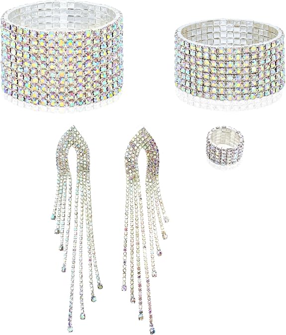 SALEYLA Competition Jewelry for NPC & Fitness Shows Draping Earrings, Crystal Ring, 2 Stretch Bracelets & Pink Gift Box Ideal Bikini Stage Accessories