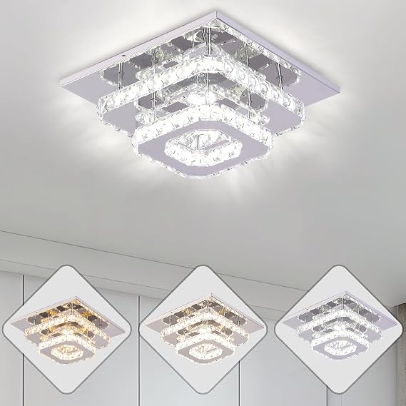 Modern Square Crystal Flush Mount Chandelier Ceiling Light Multicolour | K9 Crystal Stainless Steel Lights Fixture for Living Room Bedroom Kitchen Hallway Multicolour [Energy Class E]